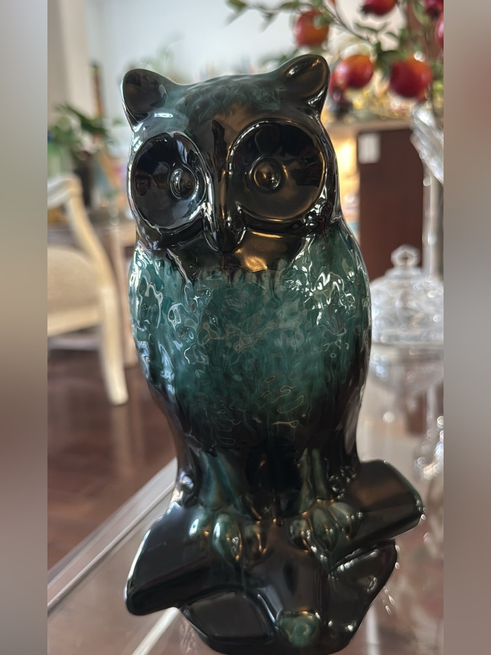 Vintage Blue Mountain Pottery Owl Figurine - Green Drip Glaze.